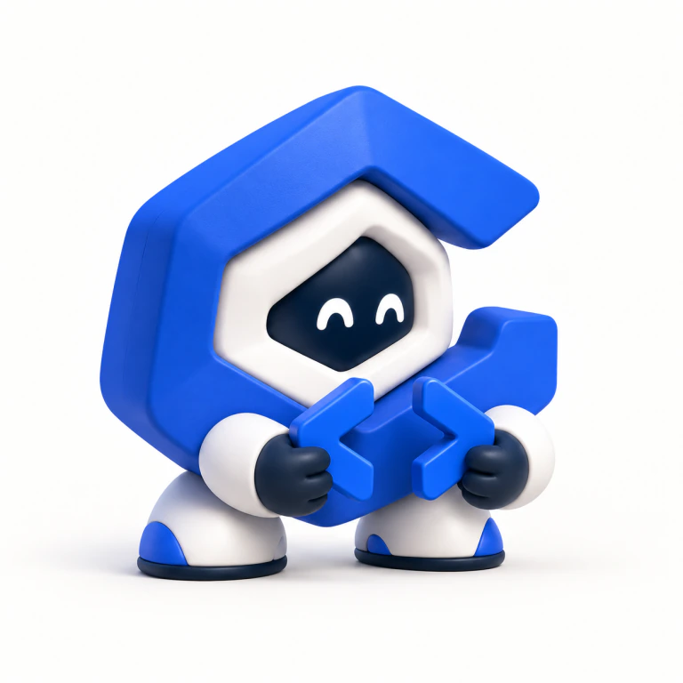Garybyte's blue G-shaped mascot holding the coding symbols less-than and greater-than